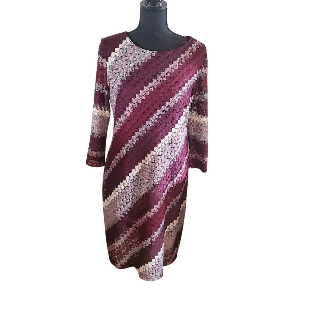 Studio One New York Burgundy Chevron Crochet Lace Sheath Dress Sz 16‎ 3/4 Sleeve